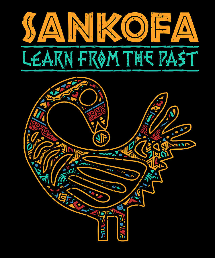 Image of Sankofa-A bird with feet forward but looking back to learn lessons from the past.
